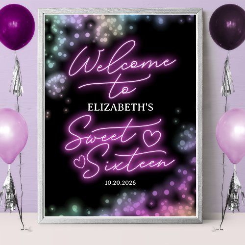 Sweet 16 Birthday Colorful Neon Glow Welcome Sign