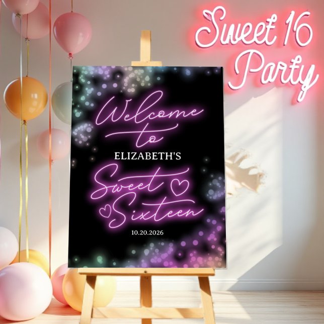 Sweet 16 Birthday Colorful Neon Glow Welcome Sign (Creator Uploaded)