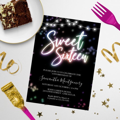 Sweet 16 Birthday Colorful Neon Party Invitation