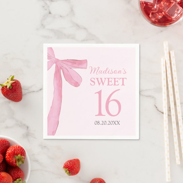 Sweet 16 Birthday Coquette Pink Bow Personalized  Napkins (Insitu)