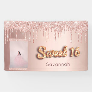 Sweet 16 birthday custom photo rose gold glitter banner