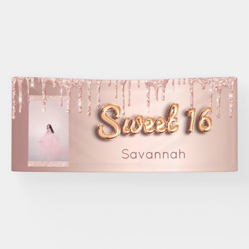 Sweet 16 birthday custom photo rose gold glitter banner