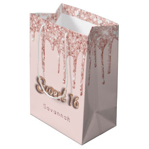 Sweet 16 birthday custom photo rose gold glitter medium gift bag