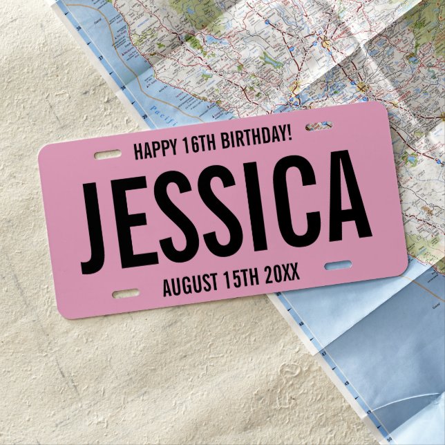 Sweet 16 Birthday custom pink car license plate (In Situ)
