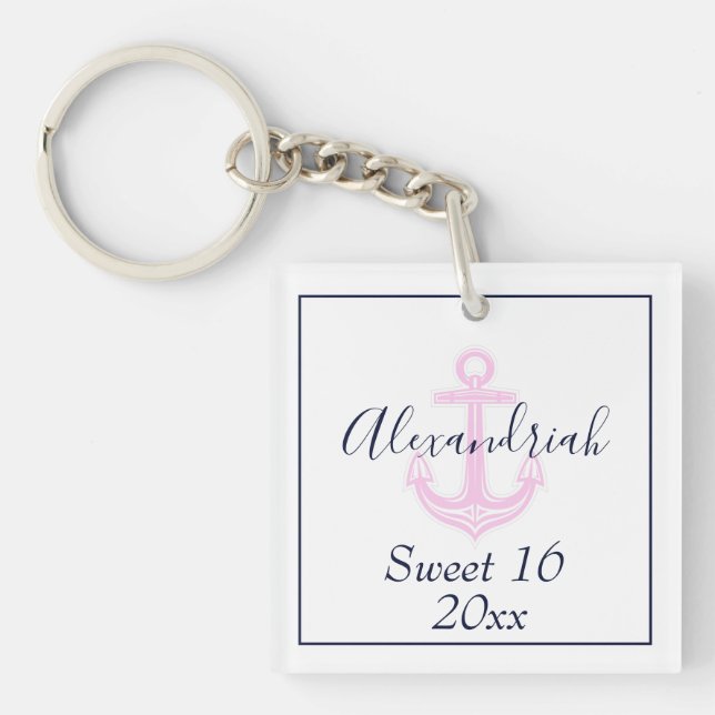 Sweet 16 Birthday Custom Pink  Navy Nautical  Keyc Keychain (Front)