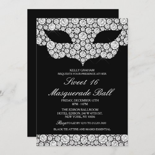 Sweet 16 Birthday Diamond Mask Invitation - Sweet 16 Sixteen Birthday Diamond Mask Masquerade Ball Invitation
