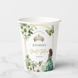 Sweet 16 Birthday Emerald Green Princess Gold  Paper Cups