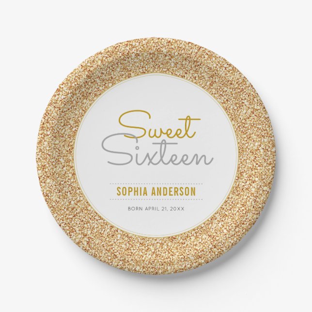 Sweet 16 Birthday Faux Gold Glitter Paper Plates (Front)