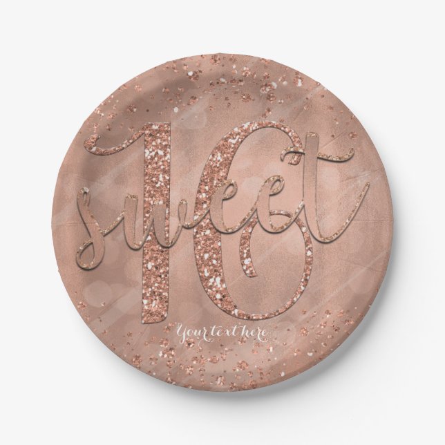 Sweet 16 Birthday Faux Rose Gold Glitter Party Paper Plates (Front)