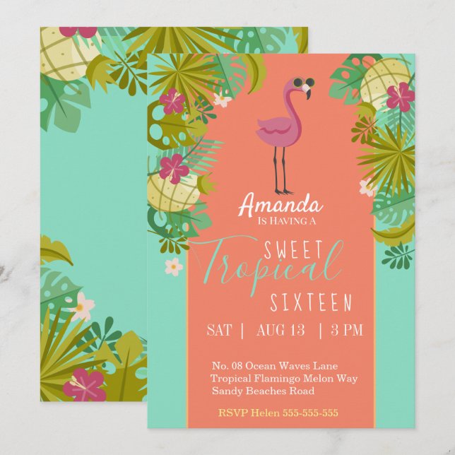 Sweet 16 Birthday Flamingo Luau Palm Tree Beach Invitation (Front/Back)