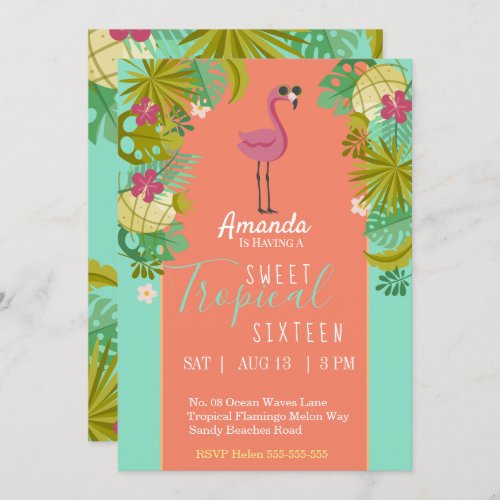 Sweet 16 Birthday Flamingo Luau Palm Tree Beach Invitation