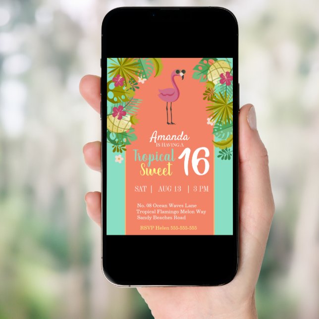 Sweet 16 Birthday Flamingo Luau Palm Tree Beach Invitation (Front Digital)