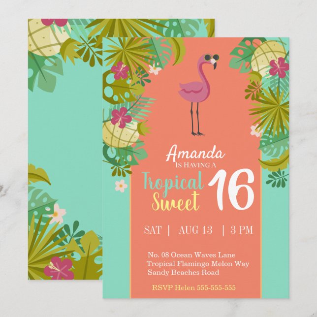 Sweet 16 Birthday Flamingo Luau Palm Tree Beach Invitation (Front/Back)