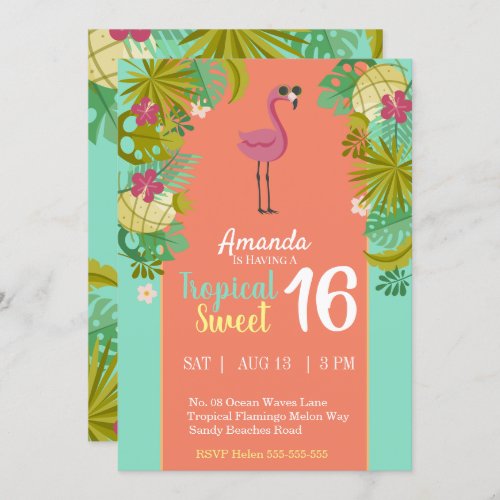 Sweet 16 Birthday Flamingo Luau Palm Tree Beach Invitation