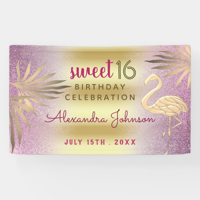 Sweet 16 Birthday Flamingo Pink and Gold Banner (Horizontal)