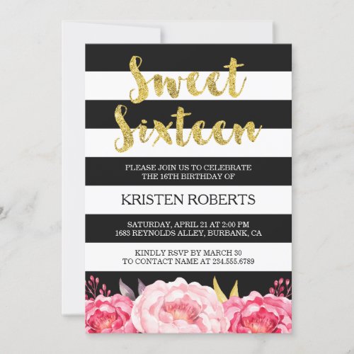 Sweet Sixteen Floral Gold Black White Stripes Card
