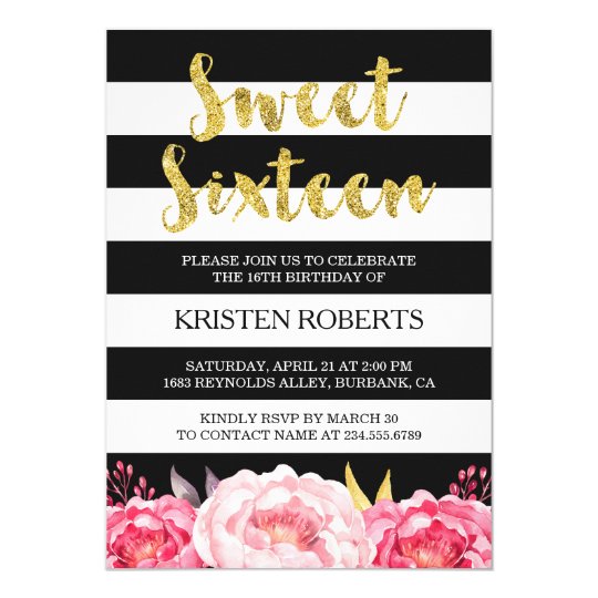 sweet 16 birthday floral gold black white stripes invitation