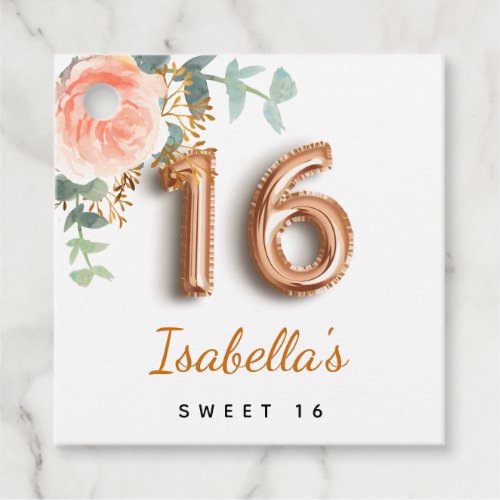 Sweet 16 birthday floral rose gold eucalyptus favor tags