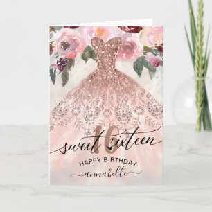 Sweet 16 Birthday Floral Rose Gold Gown Card
