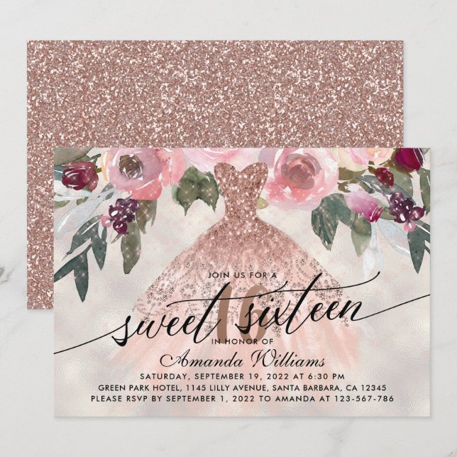 Sweet 16 Birthday Floral Rose Gold Gown Invitation (Front/Back)