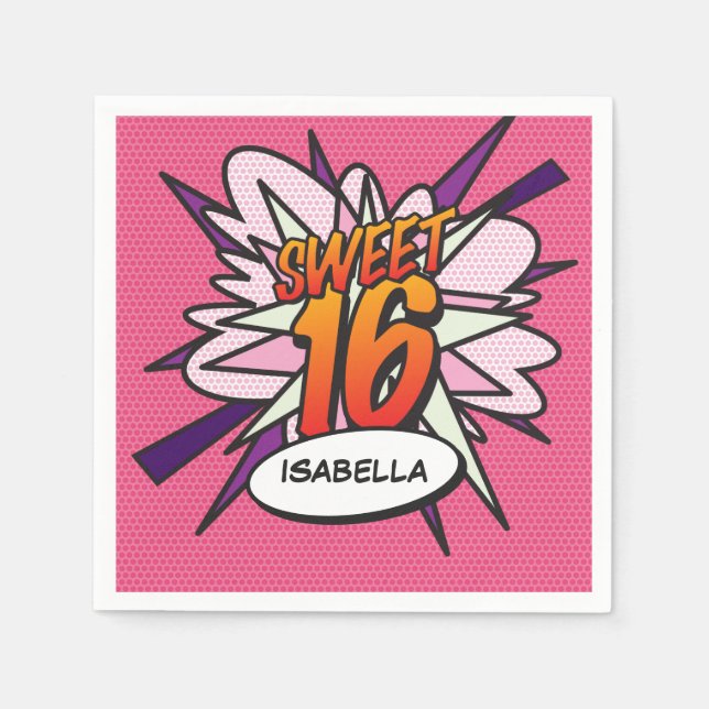 SWEET 16 Birthday Fun Retro Comic Book Pink Napkins (Front)
