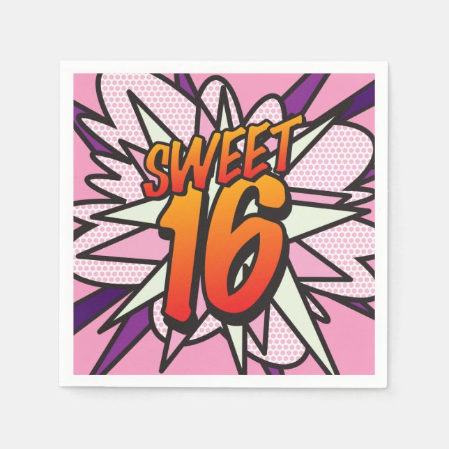 SWEET 16 Birthday Fun Retro Comic Book Pink Paper Napkins (Front)