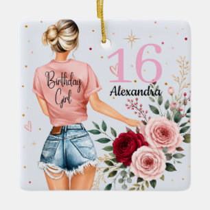 Sweet 16 Birthday Girl Custom Name Rose Floral Art Ceramic Ornament