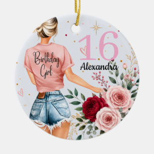 Sweet 16 Birthday Girl Custom Name Rose Floral Art Ceramic Ornament