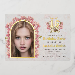 Sweet 16 Birthday Girl Photo Orchids Arch Marble Foil Invitation