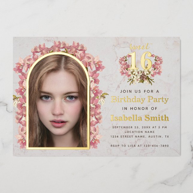 Sweet 16 Birthday Girl Photo Orchids Arch Marble Foil Invitation (Front)
