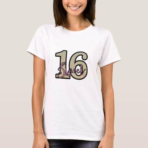 Sweet 16 Birthday Girl T_Shirt Silver Pink Faux Gl