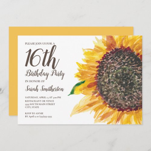 Sweet 16 Birthday Girls Yellow Brown Sunflower Invitation