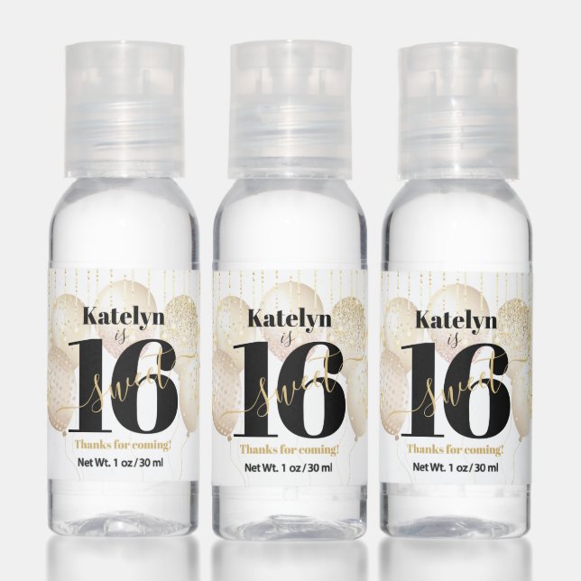 Sweet 16 Birthday Girly Glam Glitter Gold Balloons Hand Sanitizer (Set)