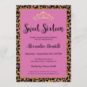 Sweet 16 Birthday Girly Pink Leopard Gold Glitter Invitation
