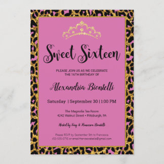 Sweet 16 Birthday|Girly Pink Leopard Gold Glitter Invitation