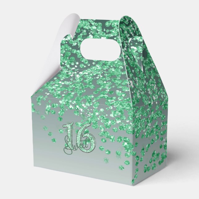 Sweet 16 Birthday Glam Green Glitter Favor Boxes (Front Side)