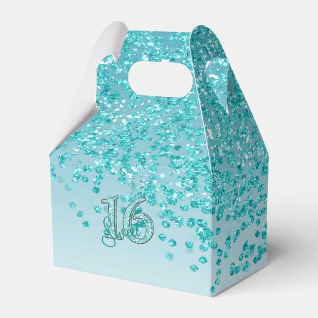 Sweet 16 Birthday Glam Teal Blue Glitter  Favor Boxes (Front Side)