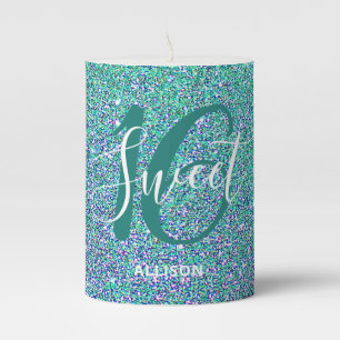 Sweet 16 Birthday Glitter Turquoise Blue Monogram Pillar Candle