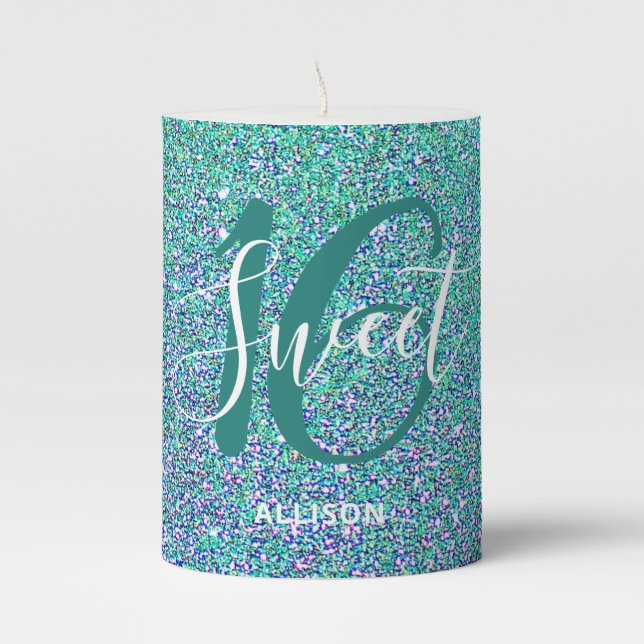 Sweet 16 Birthday Glitter Turquoise Blue Monogram Pillar Candle (Front)