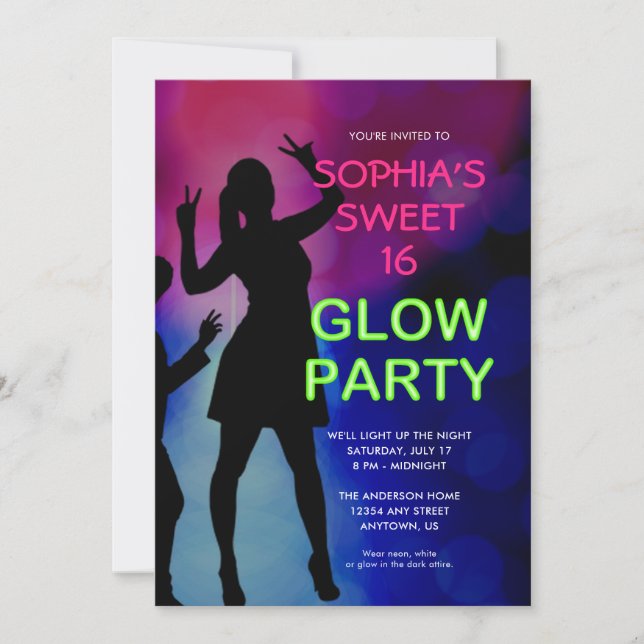 Sweet 16 Birthday Glow Party Invitation (Front)