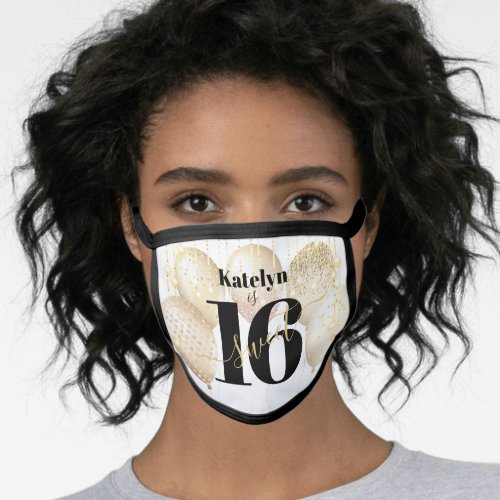 Sweet 16 Birthday Gold Balloons Script Girly Glam  Face Mask