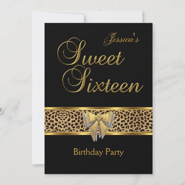 Sweet 16 Birthday Gold Black Leopard bow Invitation (Front)