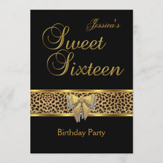 Sweet 16 Birthday Gold Black Leopard bow Invitation