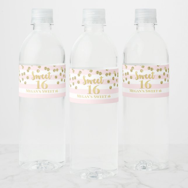 Sweet 16 Birthday Gold Confetti Pink Stripes Water Bottle Label (Bottles)