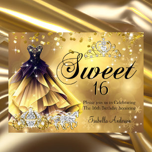 Sweet 16 Birthday Gold Dress Tiara Carriage Invitation