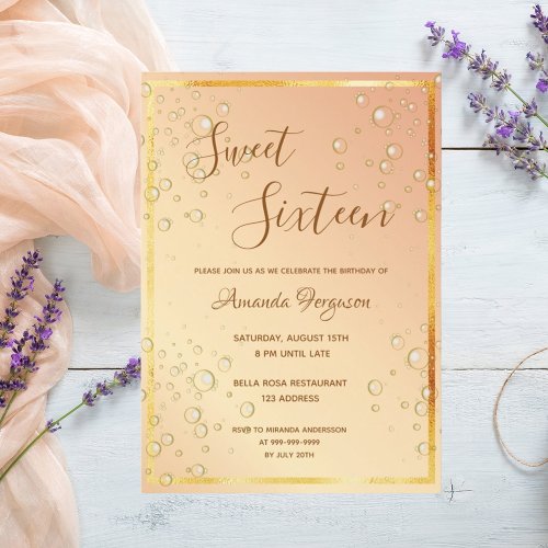 Sweet 16 birthday gold glam bubbles invitation