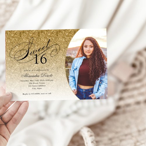 Sweet 16 Birthday Gold Glitter Glam Photo  Invitation