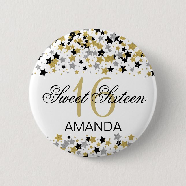 Sweet 16 Birthday Gold Glitter Star Confetti Button (Front)