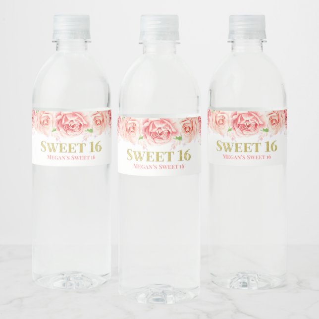 Sweet 16 Birthday Gold Pink Flowers Water Bottle Label (Bottles)
