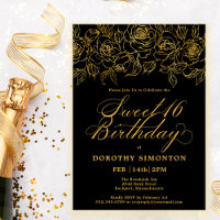 Sweet 16 Birthday Gold Rose Floral Black